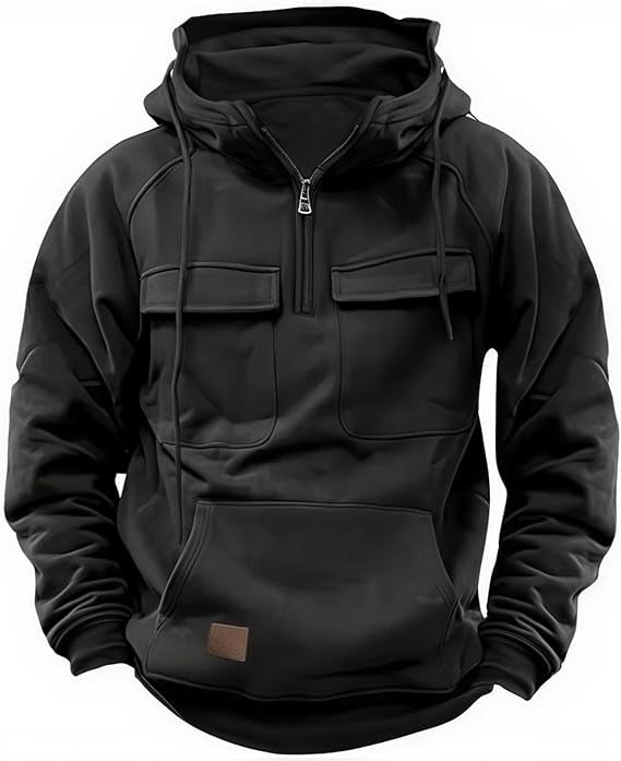 Men’s Tactical Cargo Hoodie – Quarter Zip Pullover, Workout & Outdoor, Black