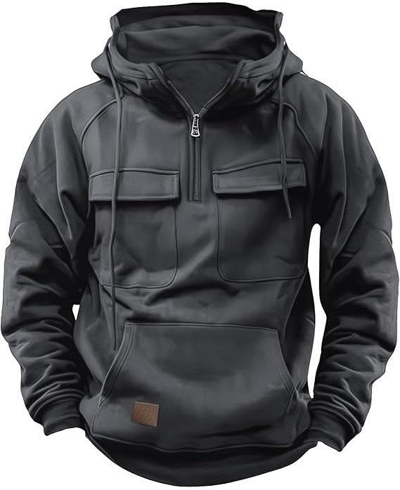 Men’s Tactical Cargo Hoodie – Quarter Zip Pullover, Workout & Outdoor, Grey