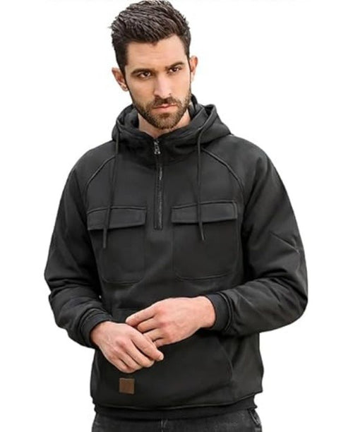 Men’s Tactical Cargo Hoodie – Quarter Zip Pullover, Workout & Outdoor, Black