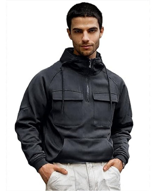 Men’s Tactical Cargo Hoodie – Quarter Zip Pullover, Workout & Outdoor, Grey