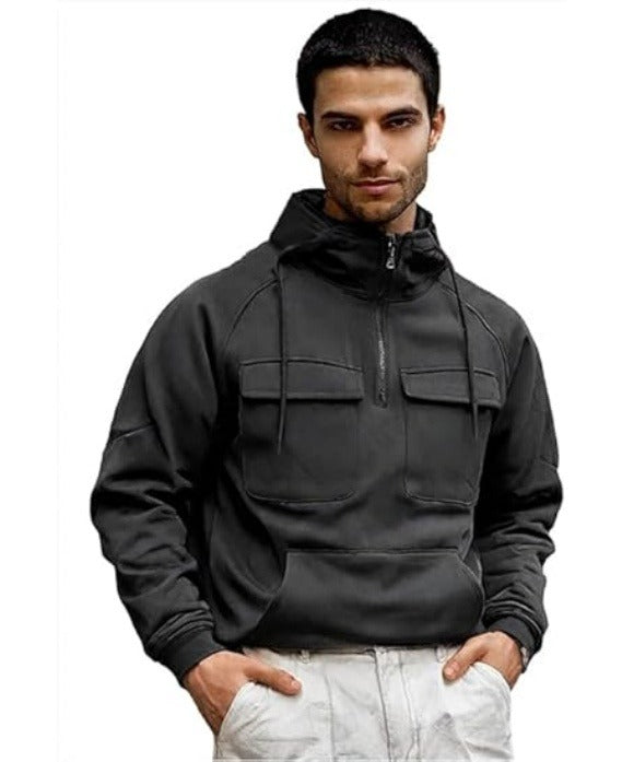 Men’s Tactical Cargo Hoodie – Quarter Zip Pullover, Workout & Outdoor, Black