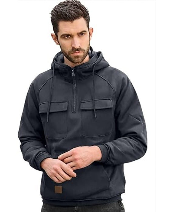 Men’s Tactical Cargo Hoodie – Quarter Zip Pullover, Workout & Outdoor, Grey